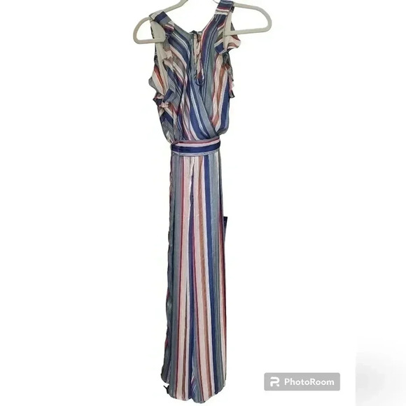 Lulu's Divine Time Blue and Grey Multi Striped Wide-Leg Jumpsuit - Picture 6 of 7